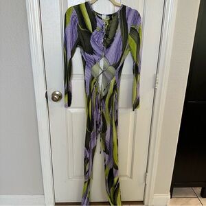 Queen Mania Cutout Abstract Pattern Long Sleeve Jumpsuitst Size L 70 Hippie Club